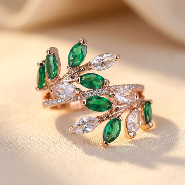 Rose Gold-Tone Vine Ring with Green and Clear Marquise Leaves