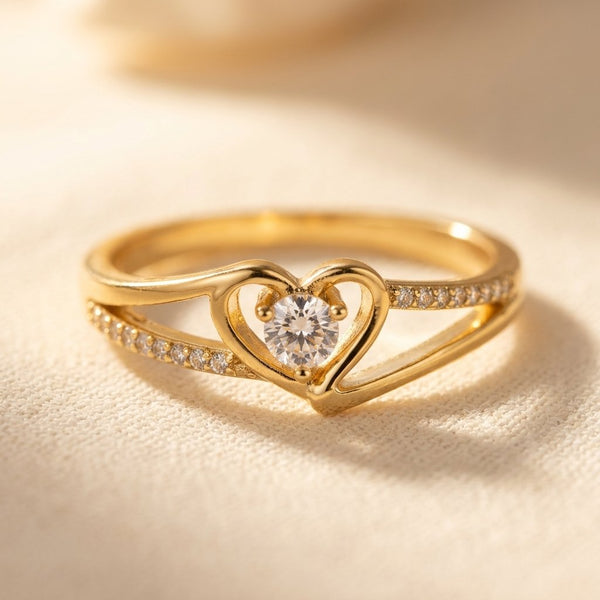 Gold-Tone Split-Shank Heart Ring with Round Clear Centre