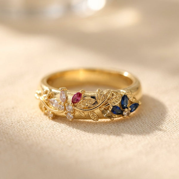 Gold-Tone Botanical Band with Blue Red and Clear Stone Flowers