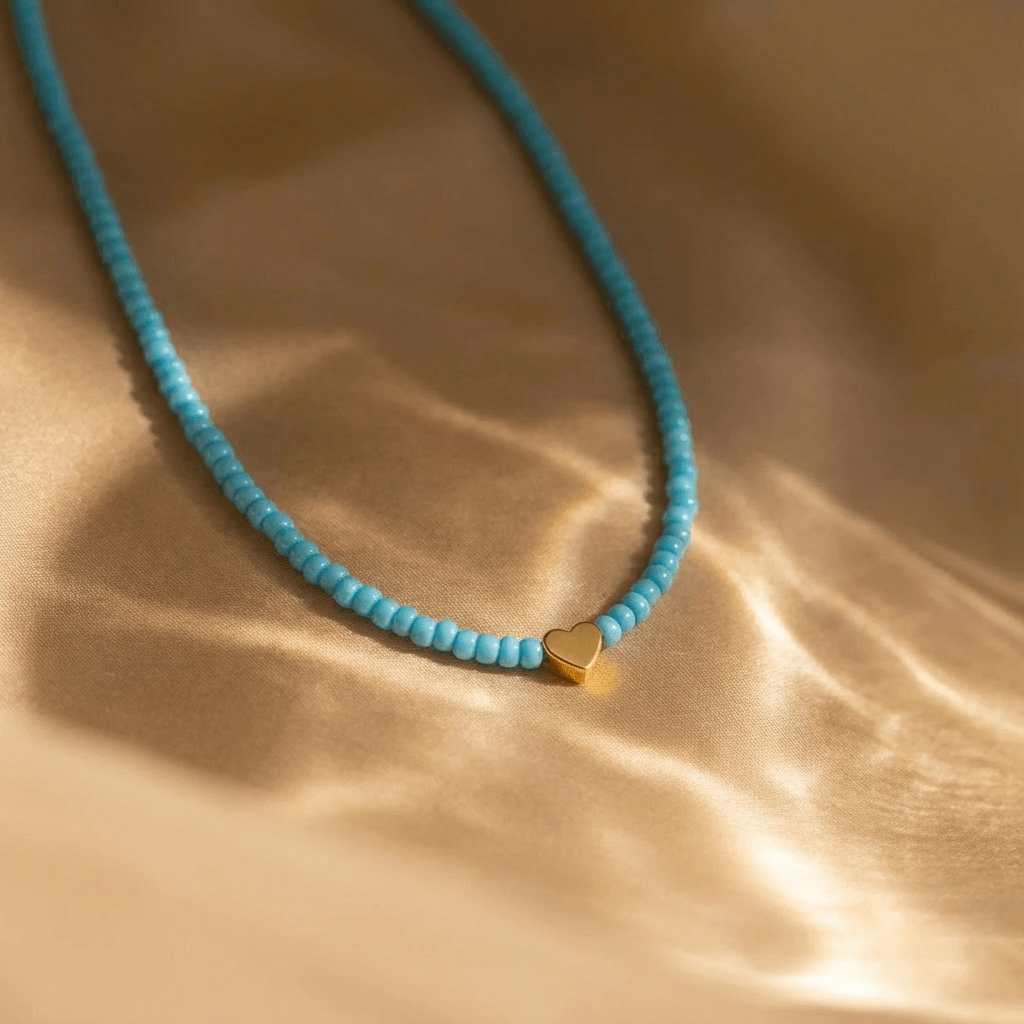 Blue Bead Heart Necklace with Bohemian Detail