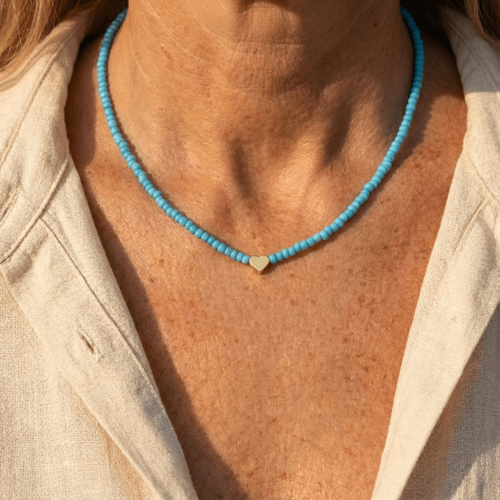 Blue Bead Heart Necklace with Bohemian Detail