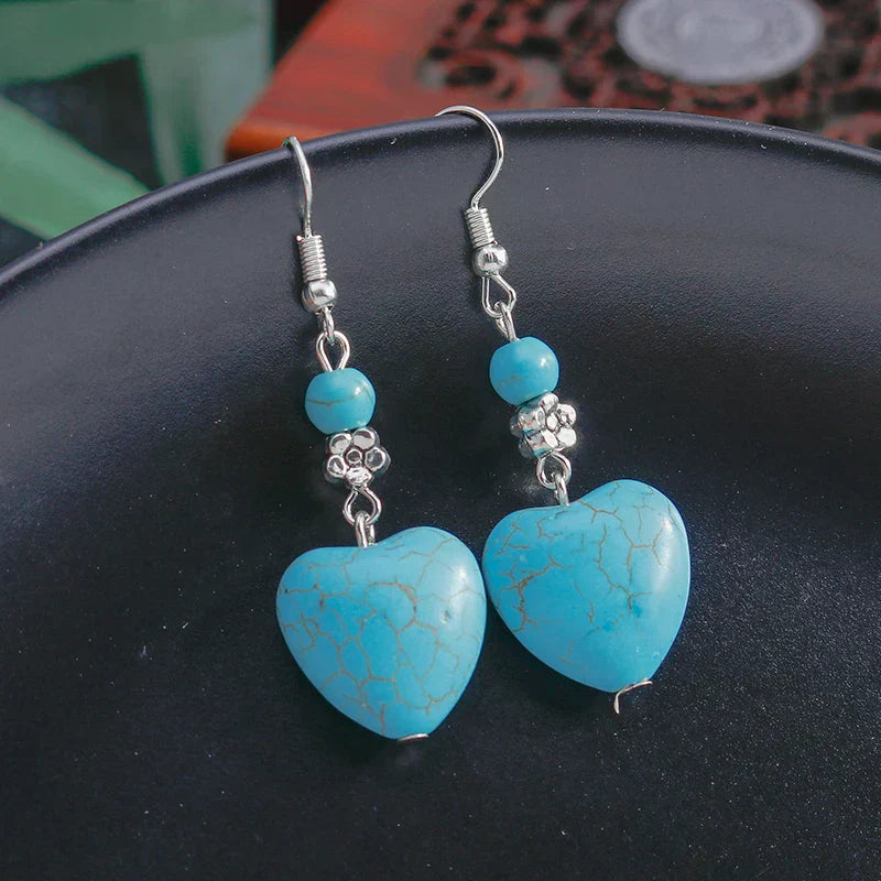 Turquoise Heart Drop Earrings with Vintage Detail