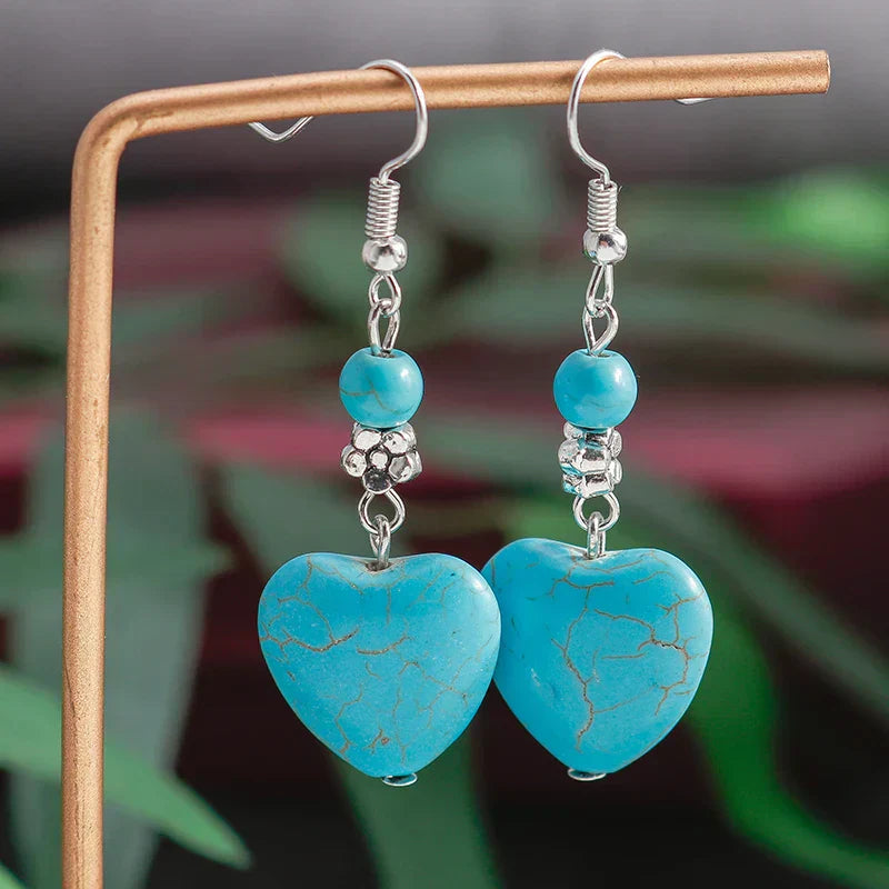 Turquoise Heart Drop Earrings with Vintage Detail