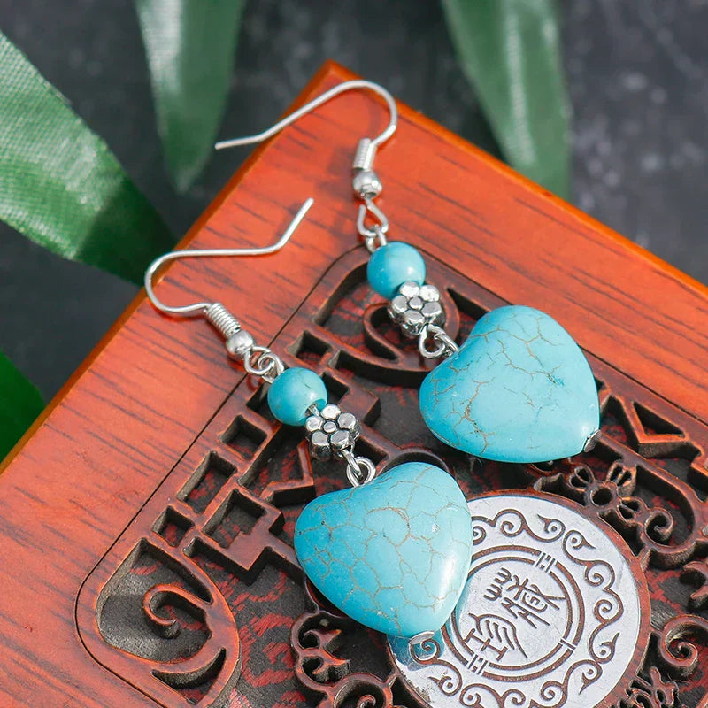 Turquoise Heart Drop Earrings with Vintage Detail