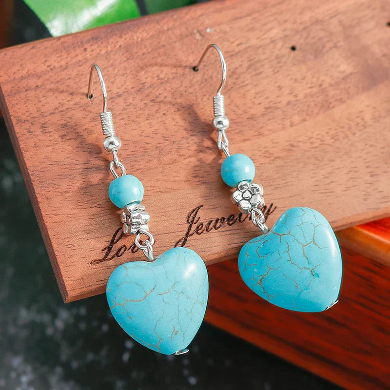 Turquoise Heart Drop Earrings with Vintage Detail