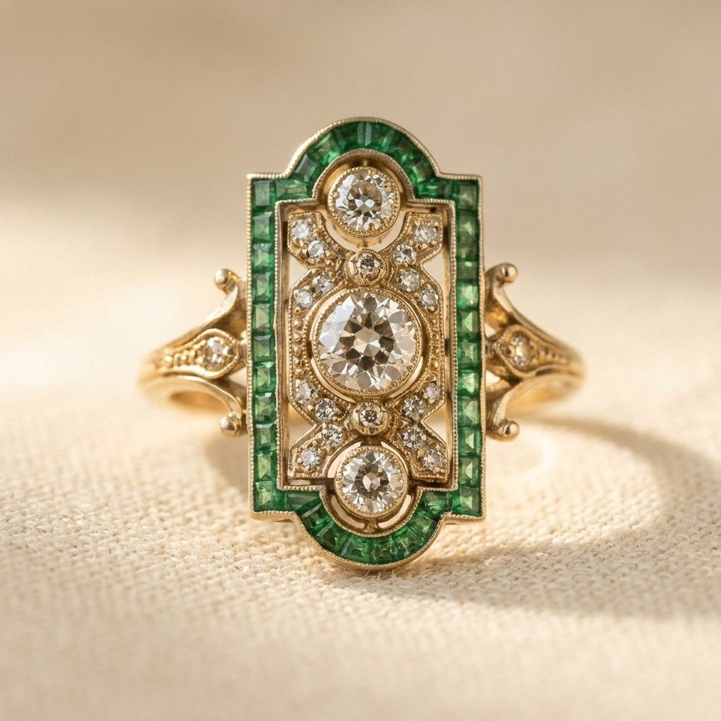 Gold-Tone Art Deco Plaque Ring with Green Border Stones