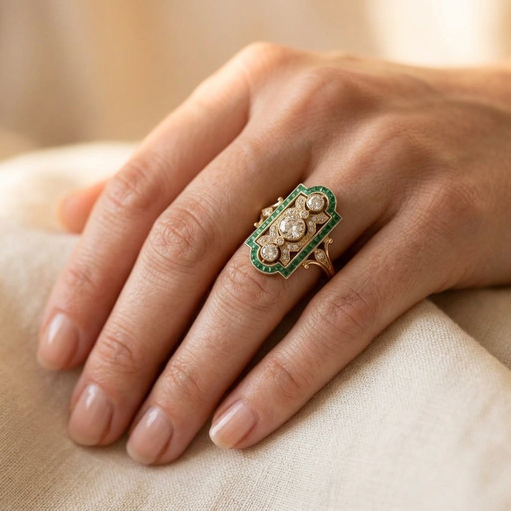 Gold-Tone Art Deco Plaque Ring with Green Border Stones