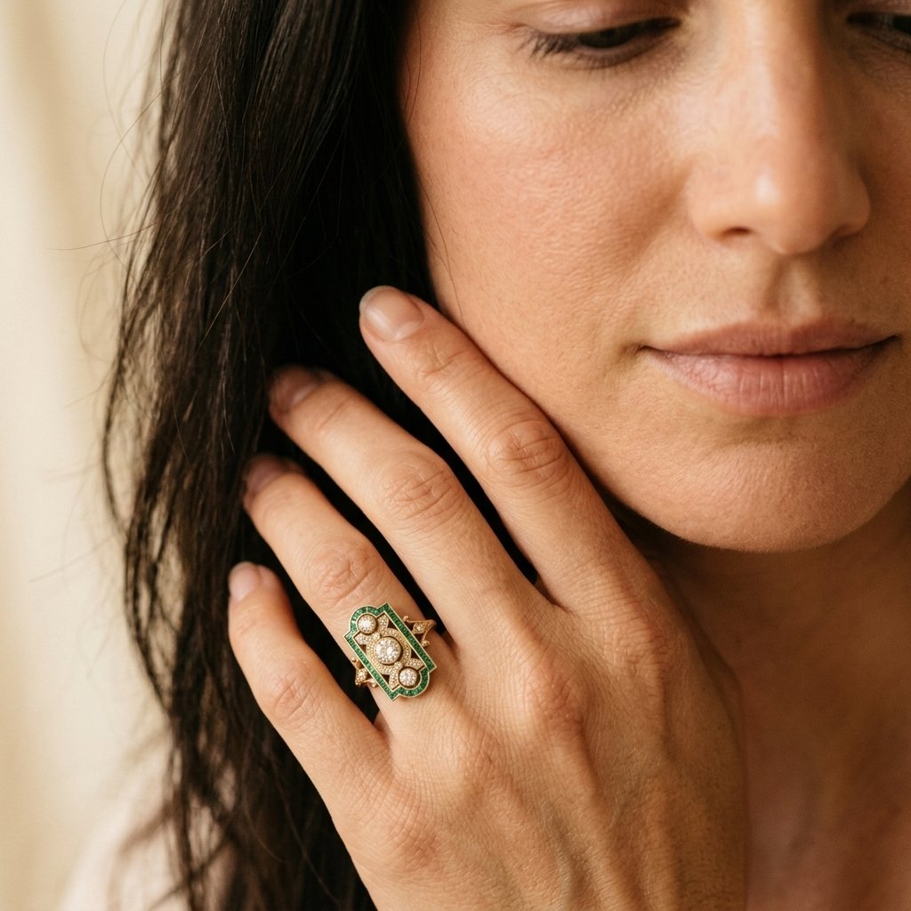 Gold-Tone Art Deco Plaque Ring with Green Border Stones