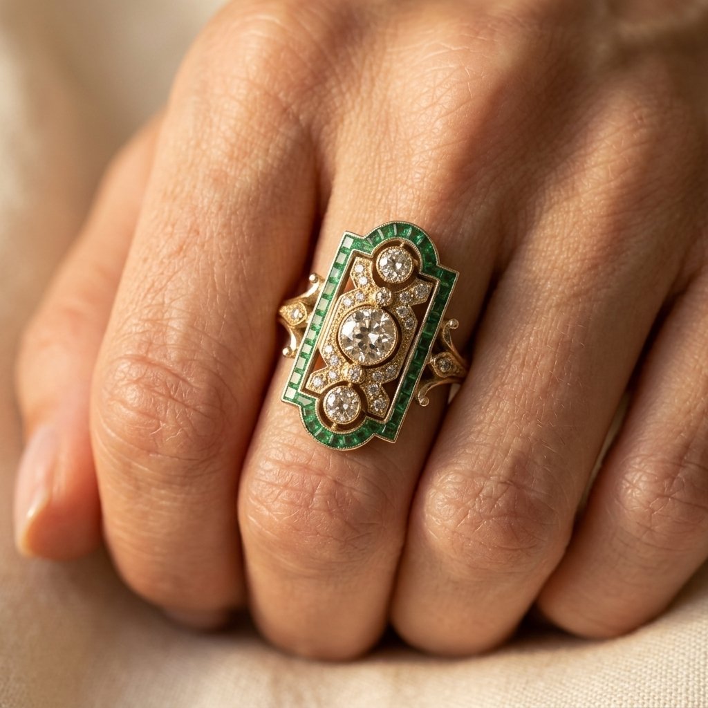 Gold-Tone Art Deco Plaque Ring with Green Border Stones