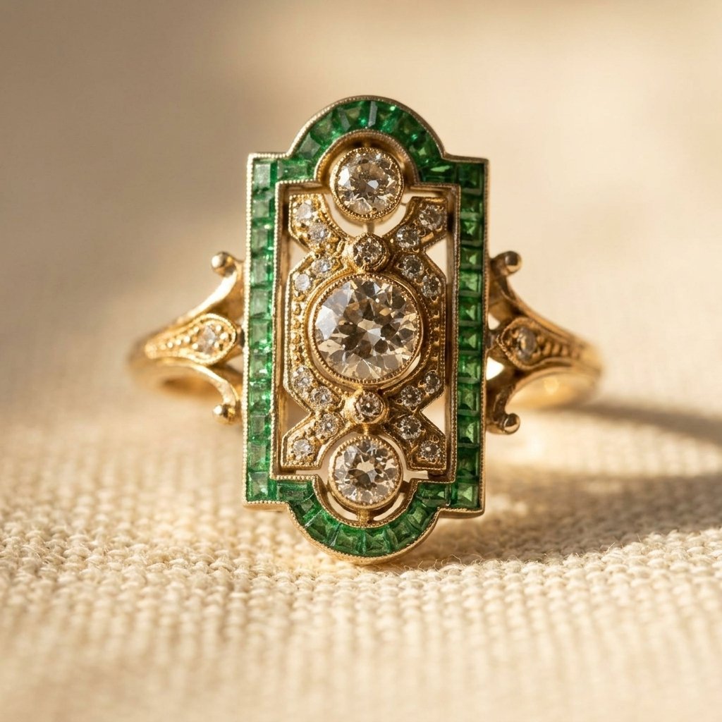 Gold-Tone Art Deco Plaque Ring with Green Border Stones