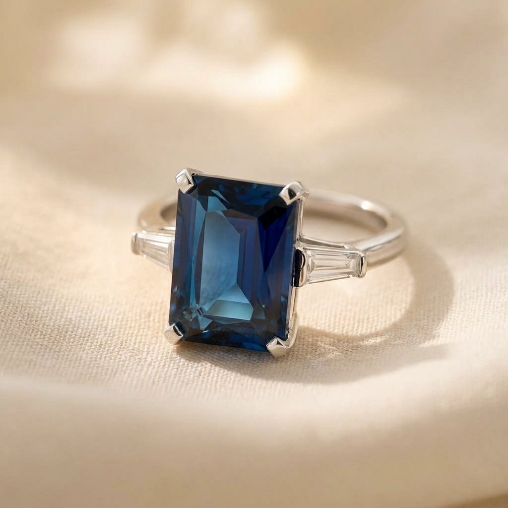 Silver-Tone Rectangular Blue Stone Ring with Baguette Sides
