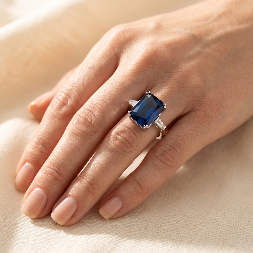Silver-Tone Rectangular Blue Stone Ring with Baguette Sides
