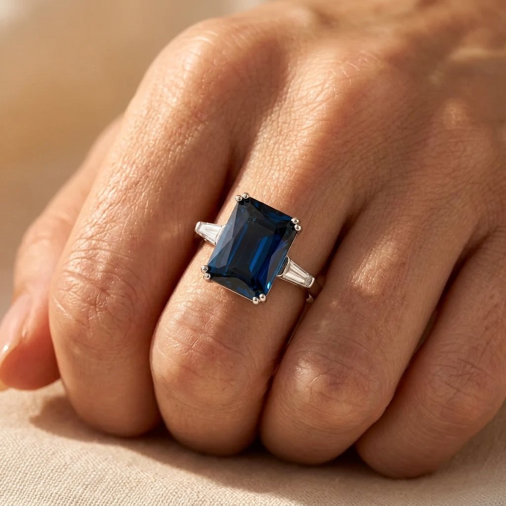 Silver-Tone Rectangular Blue Stone Ring with Baguette Sides