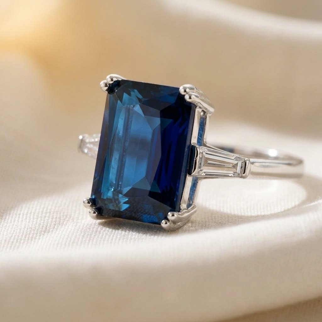 Silver-Tone Rectangular Blue Stone Ring with Baguette Sides