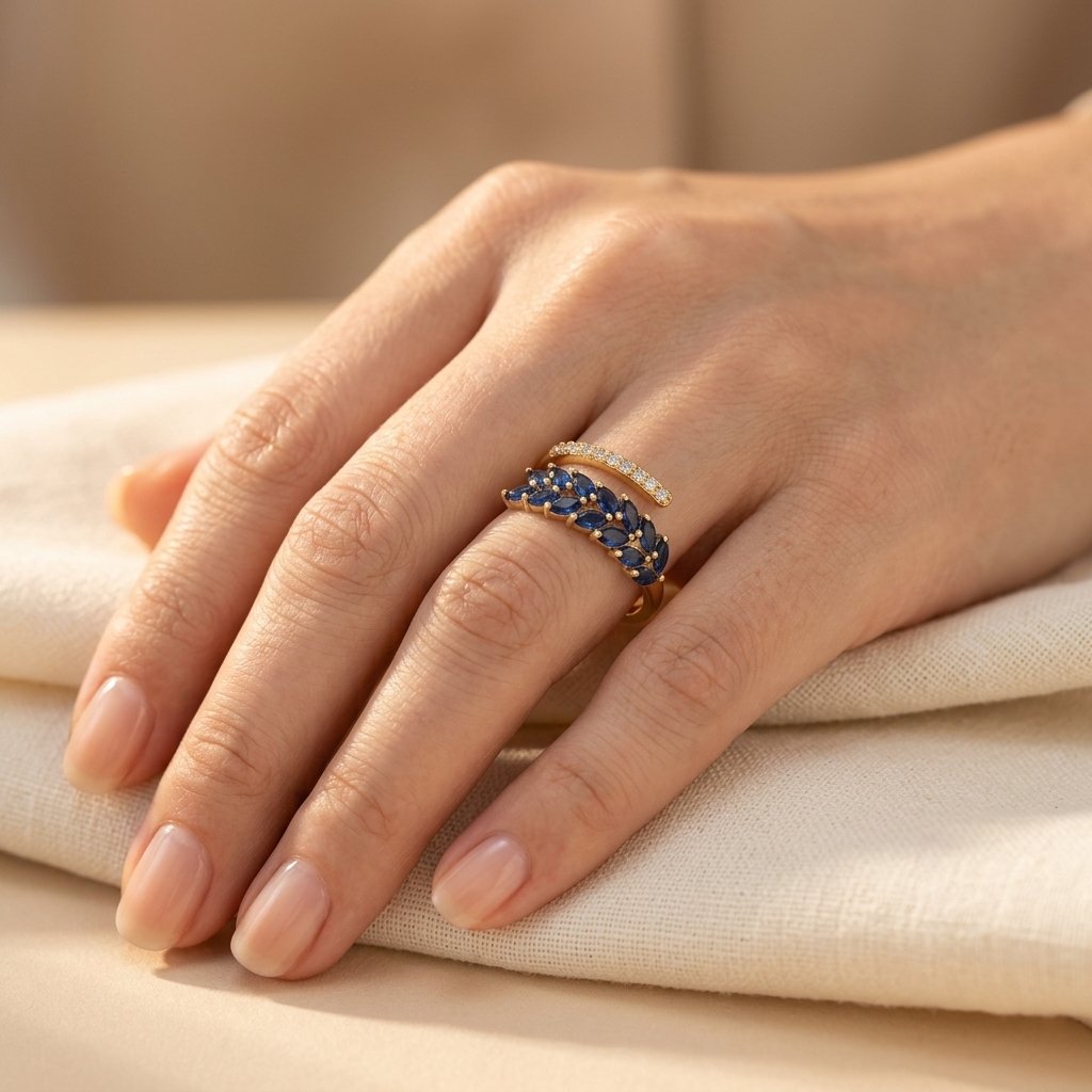 Gold-Tone Bypass Ring with Navy Marquise Leaf Spray