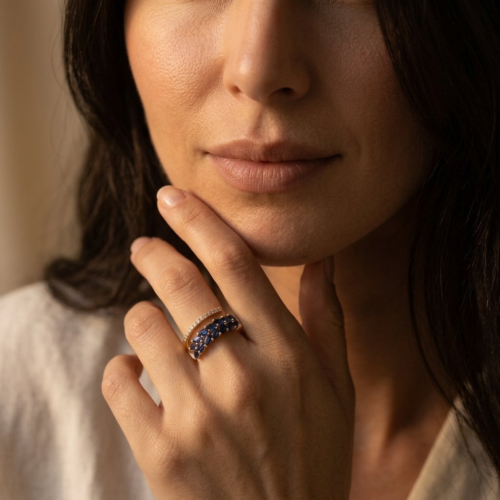 Gold-Tone Bypass Ring with Navy Marquise Leaf Spray