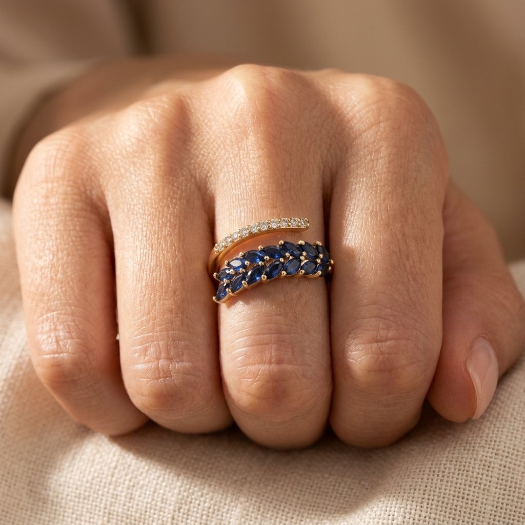 Gold-Tone Bypass Ring with Navy Marquise Leaf Spray