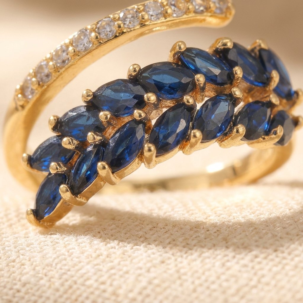 Gold-Tone Bypass Ring with Navy Marquise Leaf Spray