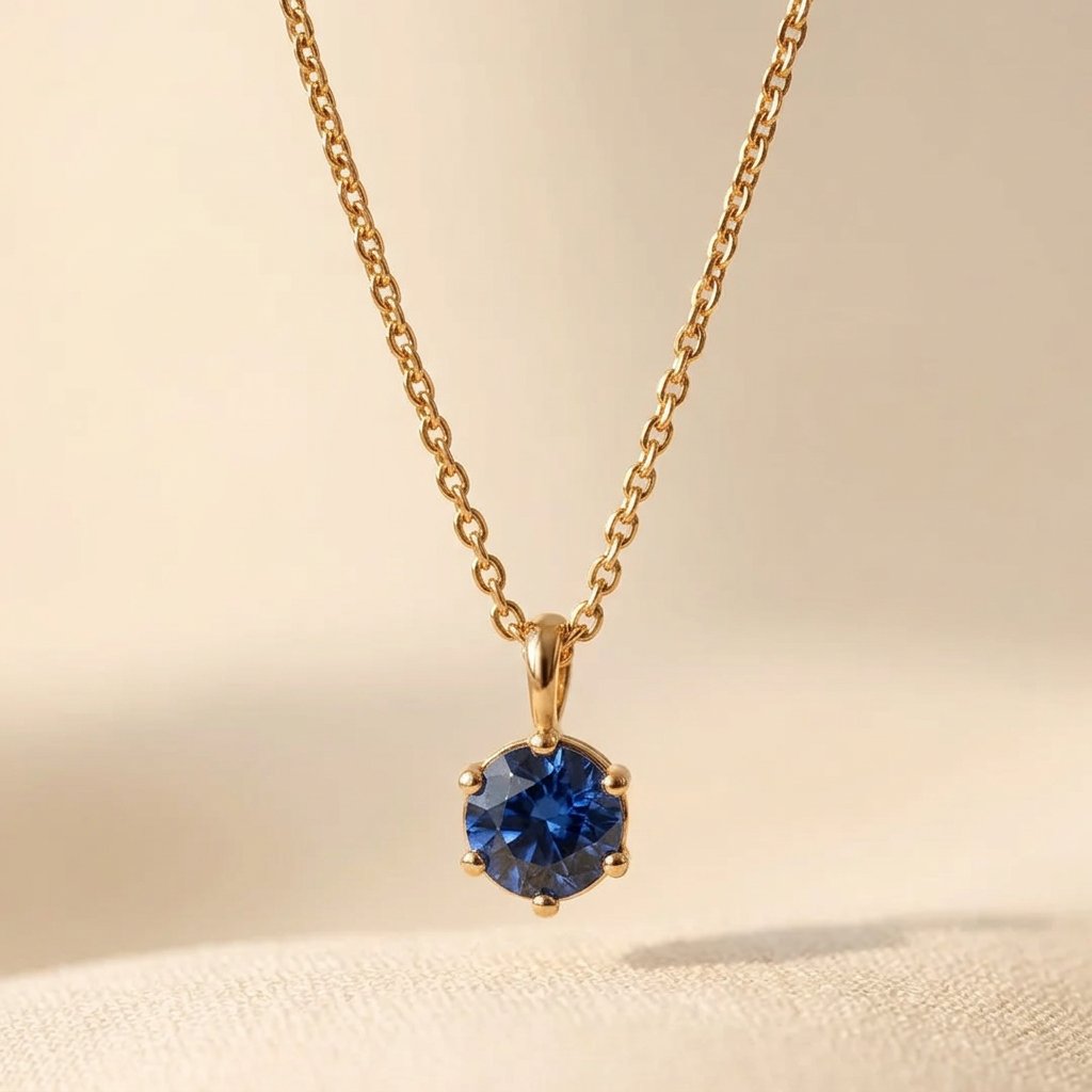Gold-Tone Six-Prong Round Blue Solitaire Pendant