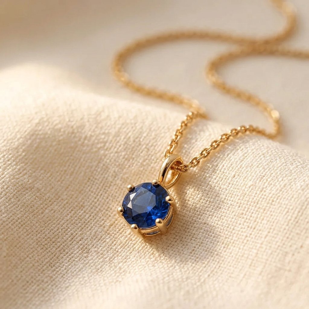 Gold-Tone Six-Prong Round Blue Solitaire Pendant