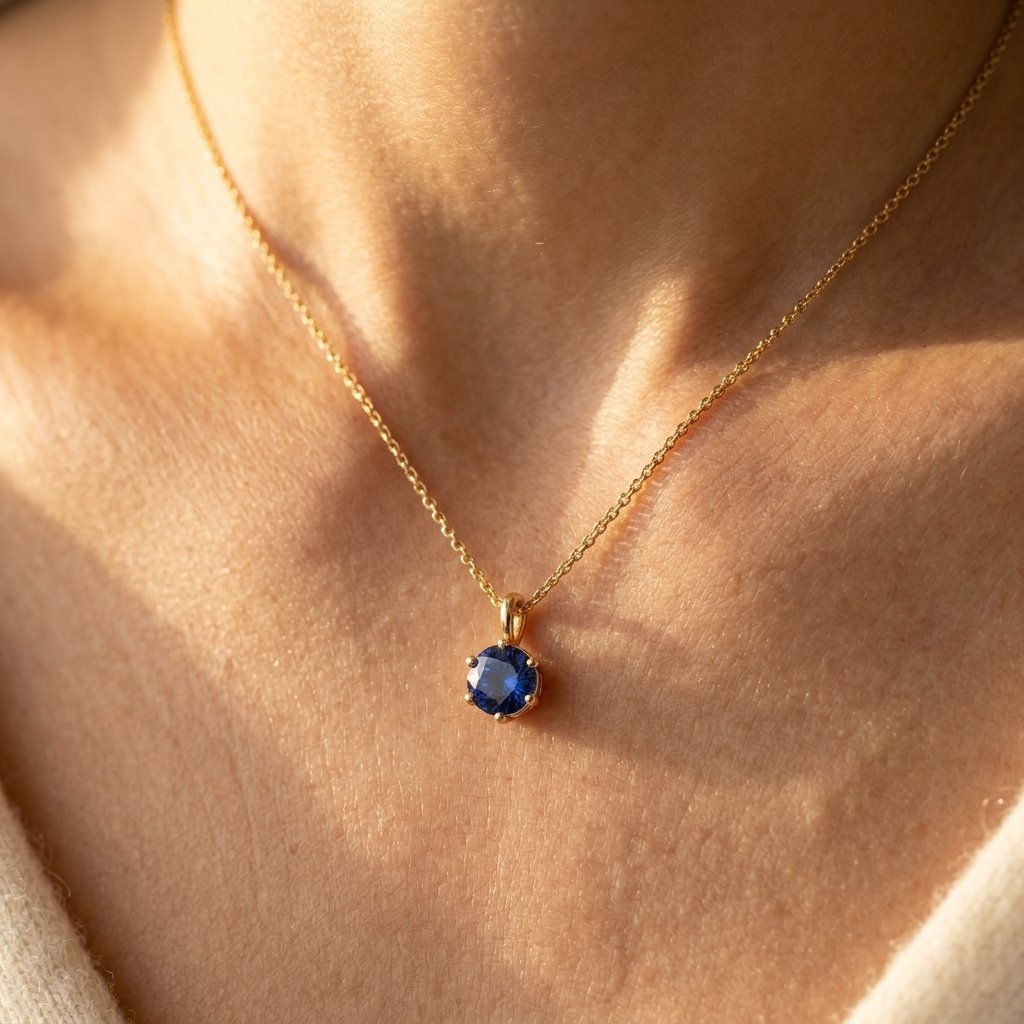 Gold-Tone Six-Prong Round Blue Solitaire Pendant
