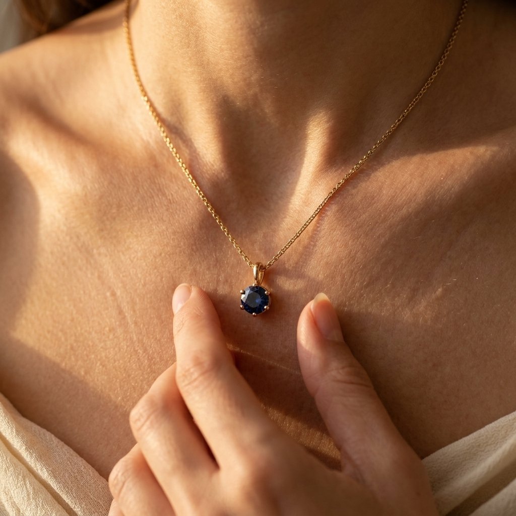 Gold-Tone Six-Prong Round Blue Solitaire Pendant