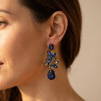 Gold-Tone Blue and Smoky Grey Cluster Statement Drop Earrings
