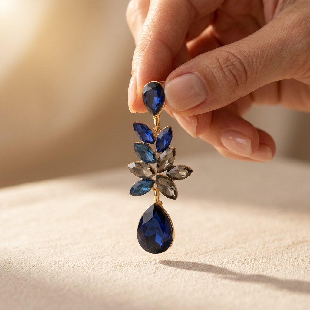 Gold-Tone Blue and Smoky Grey Cluster Statement Drop Earrings
