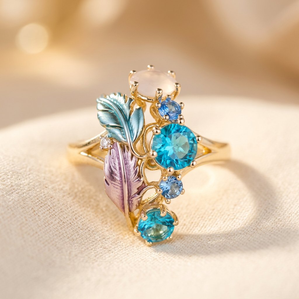Gold-Tone Cluster Ring with Blue Stones and Enamel Leaves