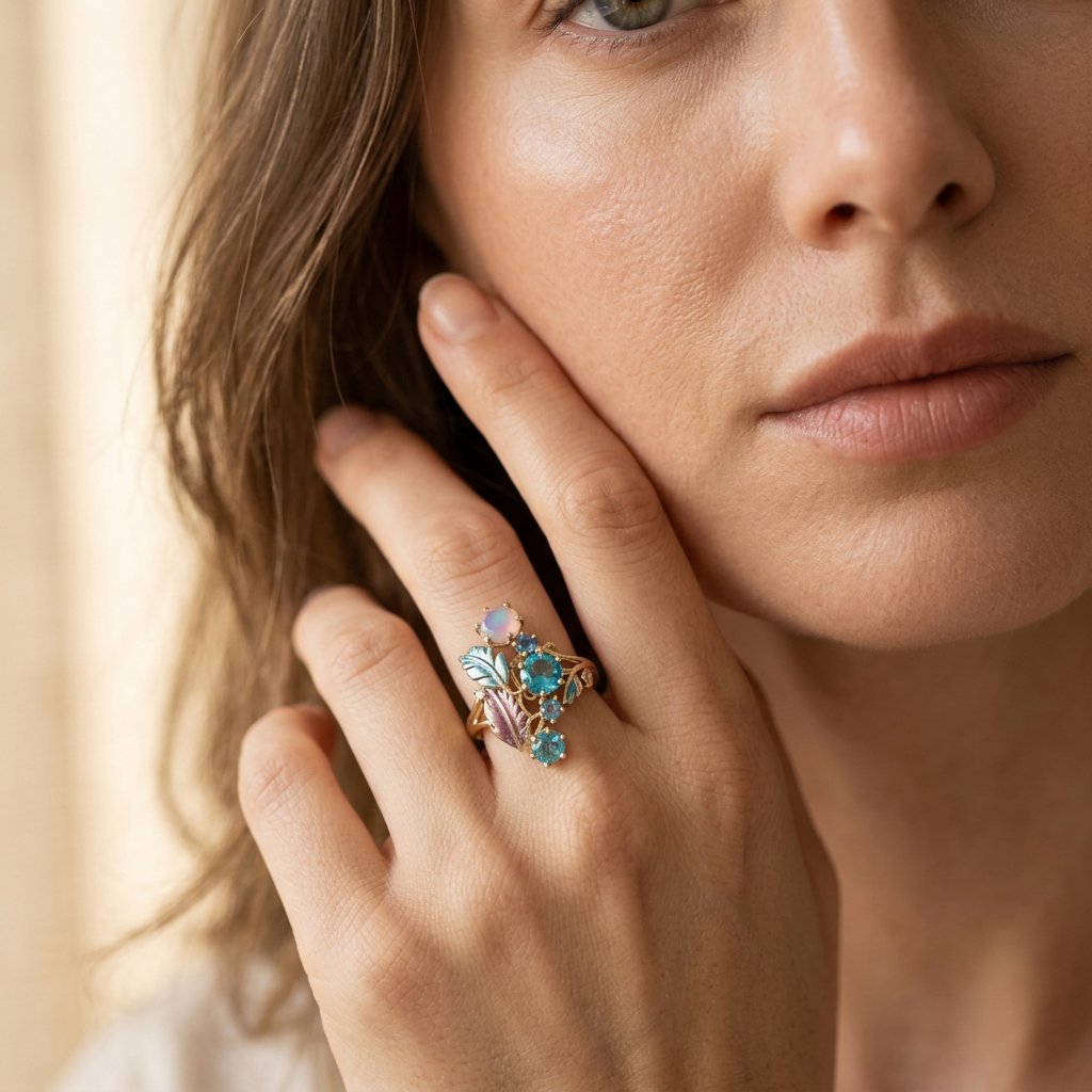 Gold-Tone Cluster Ring with Blue Stones and Enamel Leaves