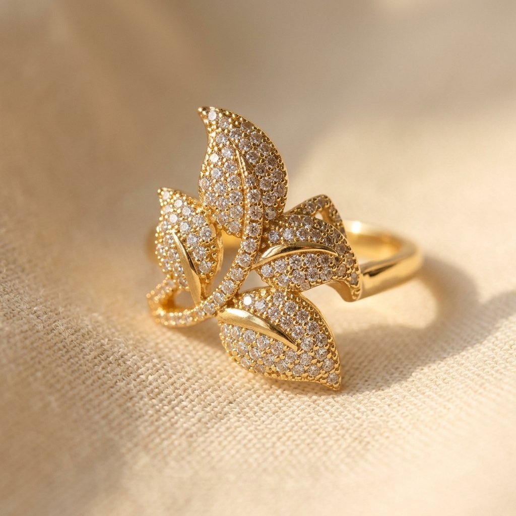 Gold-Tone Clear Pavé Overlapping Leaf Cocktail Ring
