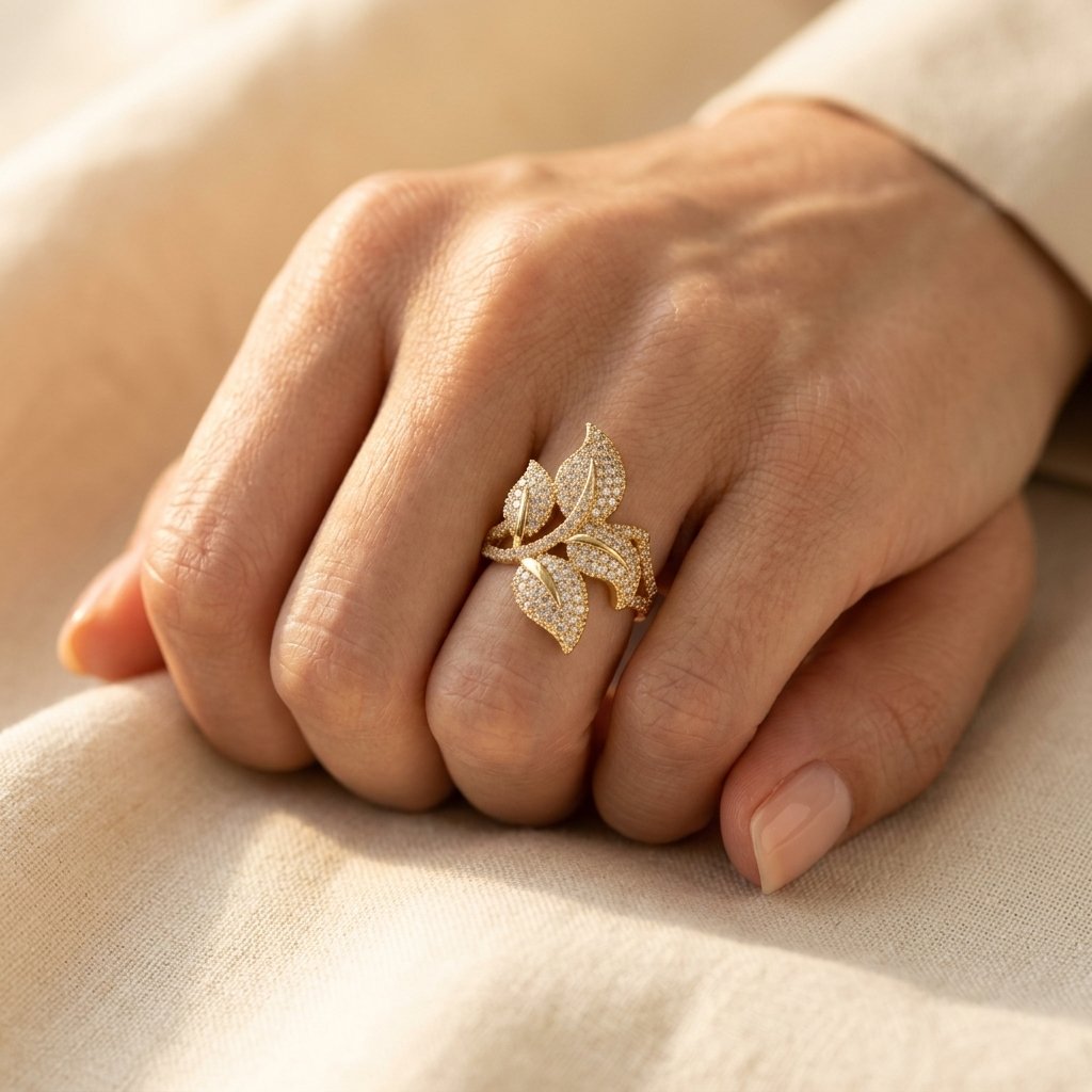 Gold-Tone Clear Pavé Overlapping Leaf Cocktail Ring