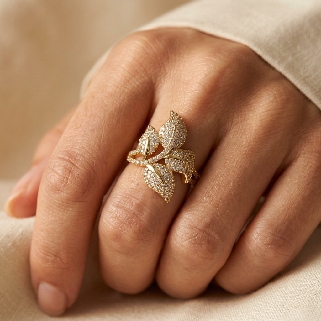 Gold-Tone Clear Pavé Overlapping Leaf Cocktail Ring