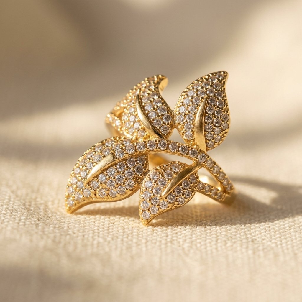 Gold-Tone Clear Pavé Overlapping Leaf Cocktail Ring