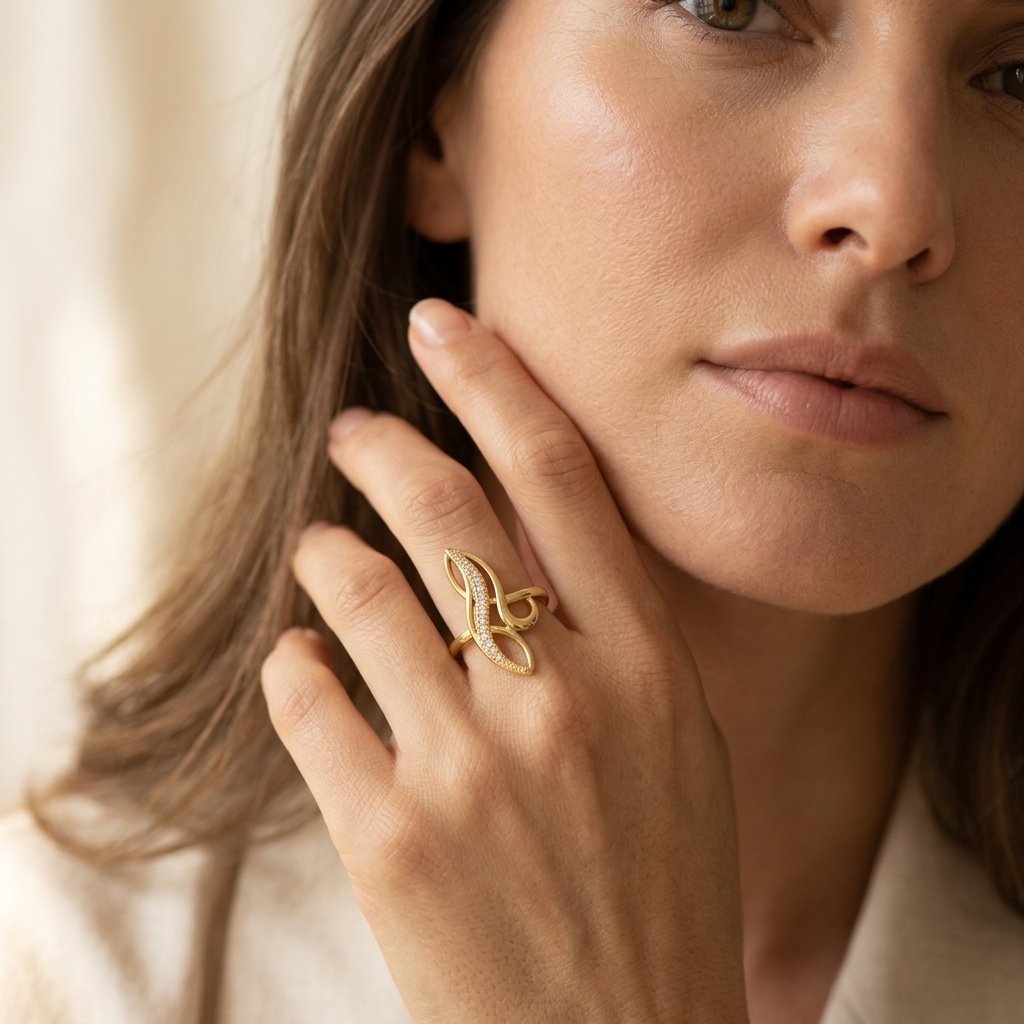 Gold-Tone Abstract Swirl Ring with Clear Pavé Channel