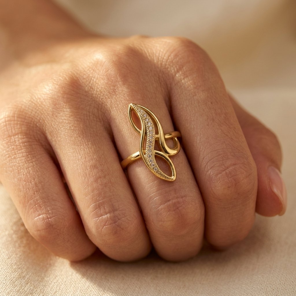 Gold-Tone Abstract Swirl Ring with Clear Pavé Channel