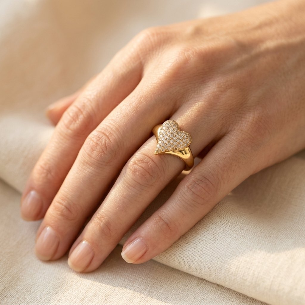 Gold-Tone Clear Pavé Heart Face Cocktail Ring