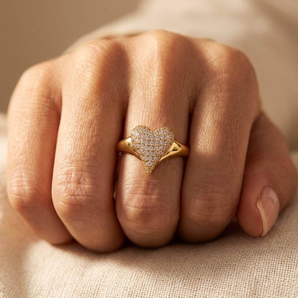 Gold-Tone Clear Pavé Heart Face Cocktail Ring