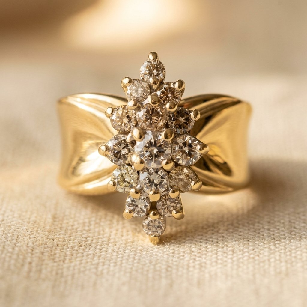 Gold-Tone Wide Band Cocktail Ring with Navette Stone Cluster