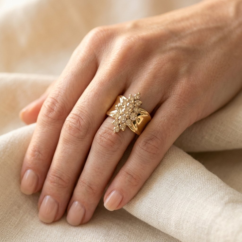 Gold-Tone Wide Band Cocktail Ring with Navette Stone Cluster