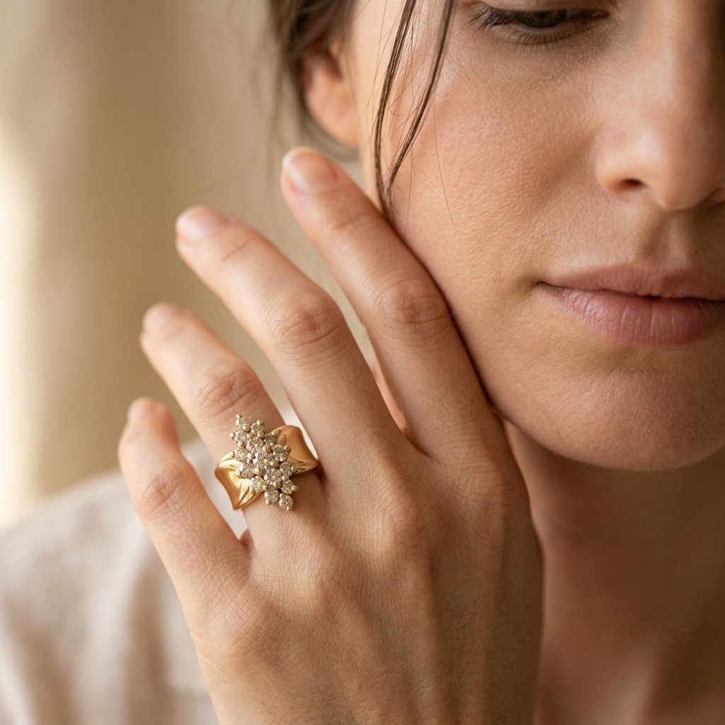 Gold-Tone Wide Band Cocktail Ring with Navette Stone Cluster