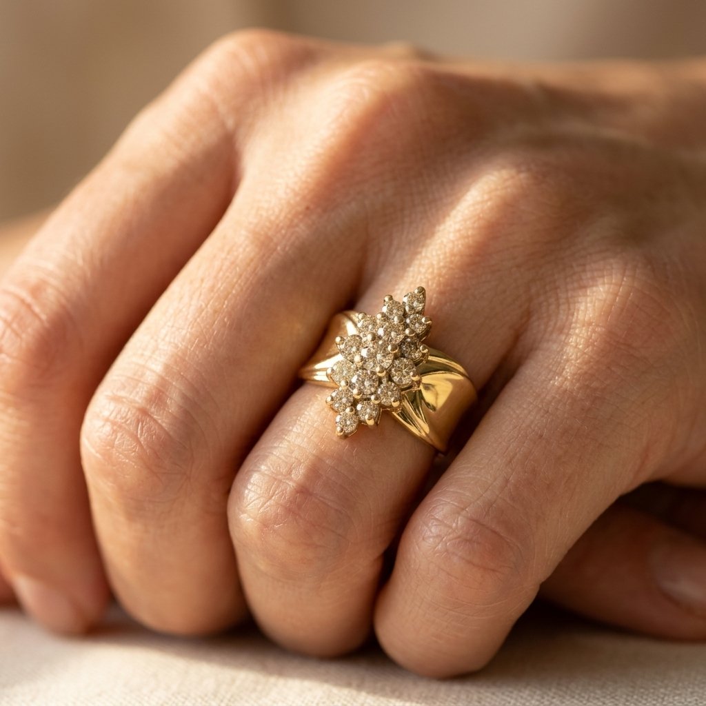 Gold-Tone Wide Band Cocktail Ring with Navette Stone Cluster