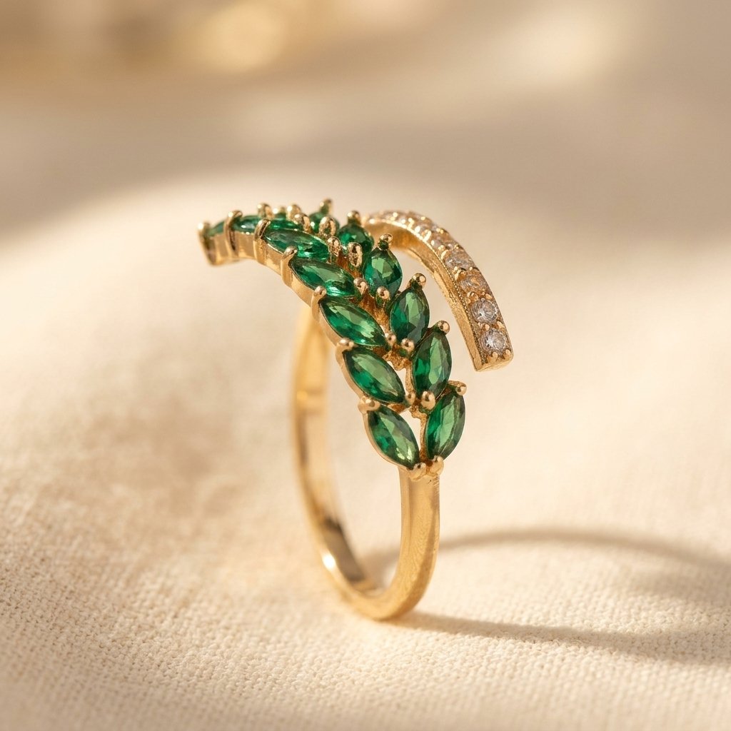 Gold-Tone Bypass Ring with Green Marquise Leaf Spray