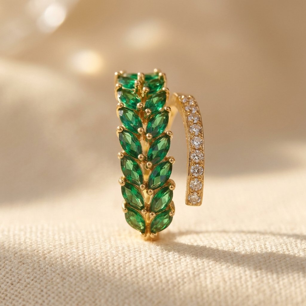 Gold-Tone Bypass Ring with Green Marquise Leaf Spray
