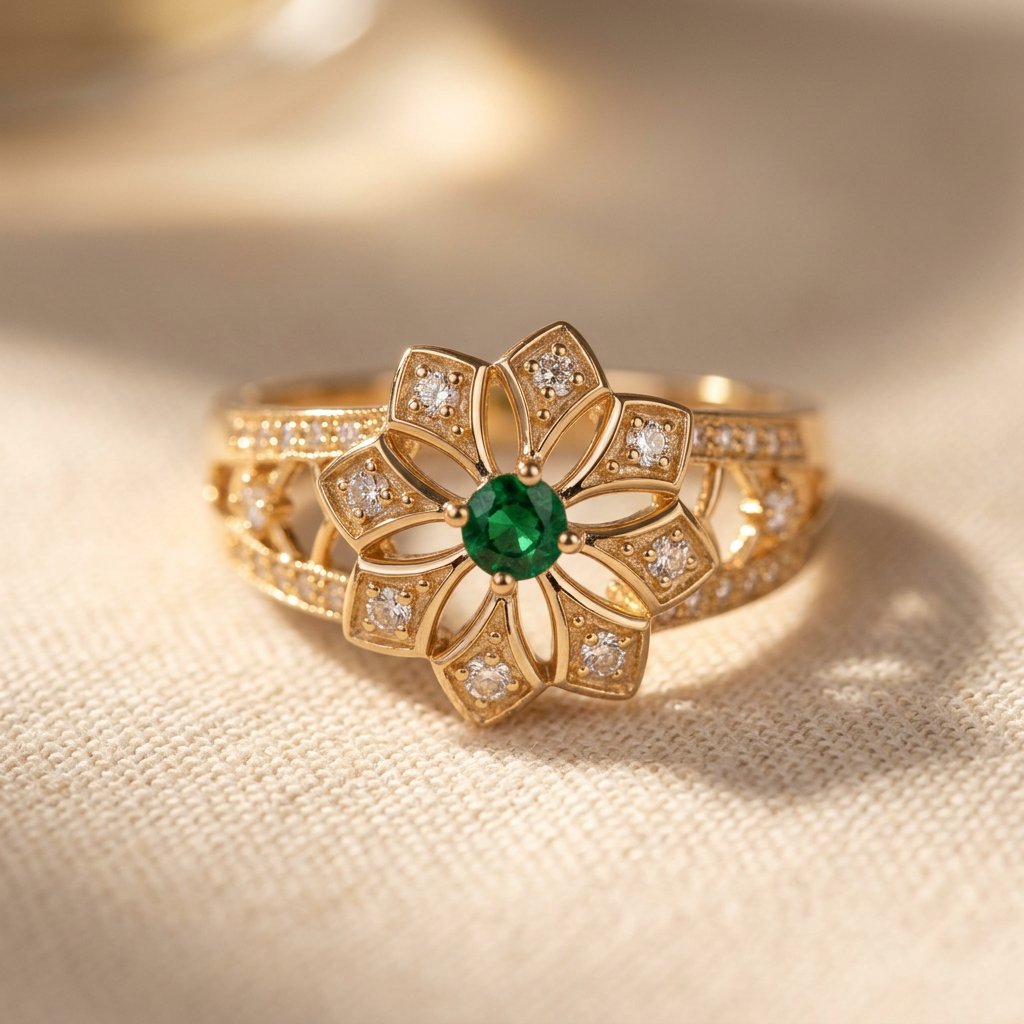 Gold-Tone Open Petal Flower Ring with Green Centre Stone