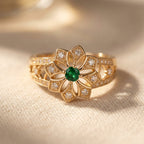 Gold-Tone Open Petal Flower Ring with Green Centre Stone