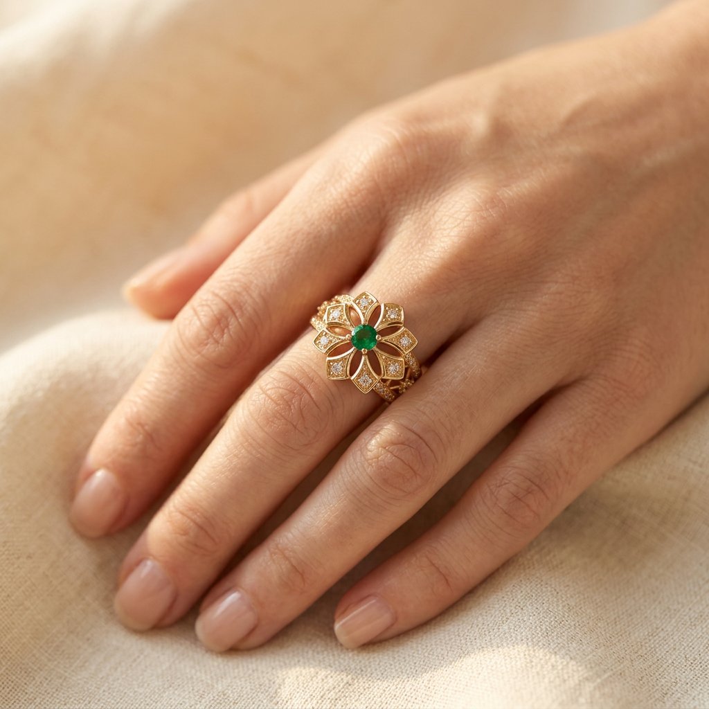 Gold-Tone Open Petal Flower Ring with Green Centre Stone