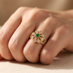 Gold-Tone Open Petal Flower Ring with Green Centre Stone