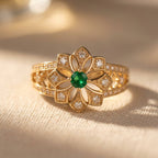 Gold-Tone Open Petal Flower Ring with Green Centre Stone