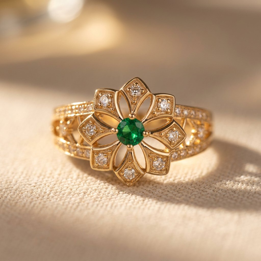 Gold-Tone Open Petal Flower Ring with Green Centre Stone